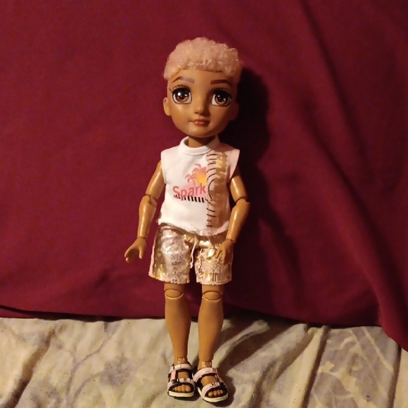 Kids Doll with Pink Hair and Gold Shorts - Picture 1 of 1